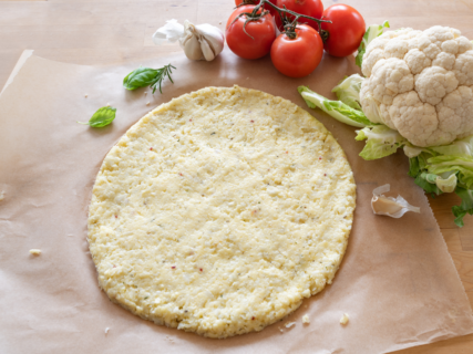 Cauliflower Pizza Crust with Carrot Top Yogurt Pesto recipe