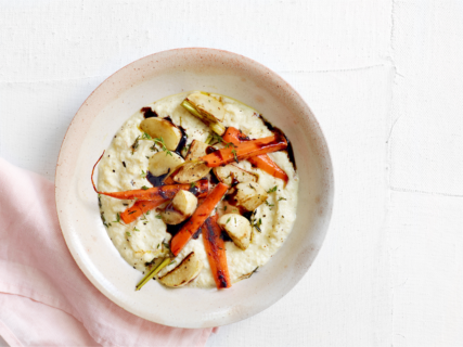 Try this Cauliflower Yogurt Grits with Balsamic Glazed Root Vegetables recipe today!