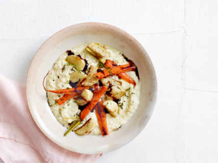 Cauliflower Yogurt Grits with Balsamic Glazed Root Vegetables recipe