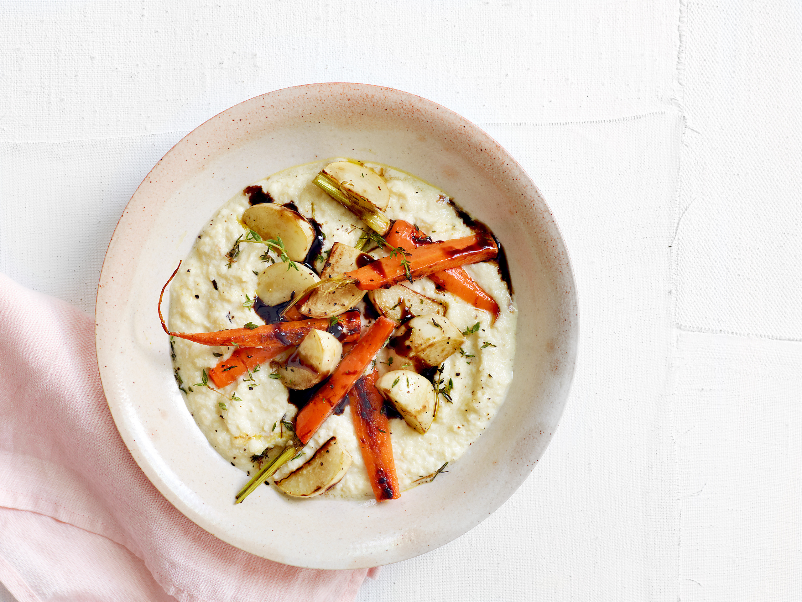 Cauliflower Yogurt Grits with Balsamic Glazed Root Vegetables