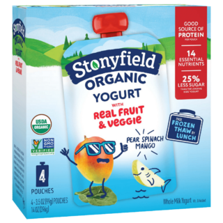 Stonyfield Organic Kids Pear Spinach Mango Whole Milk Yogurt Pouches, 4 Ct