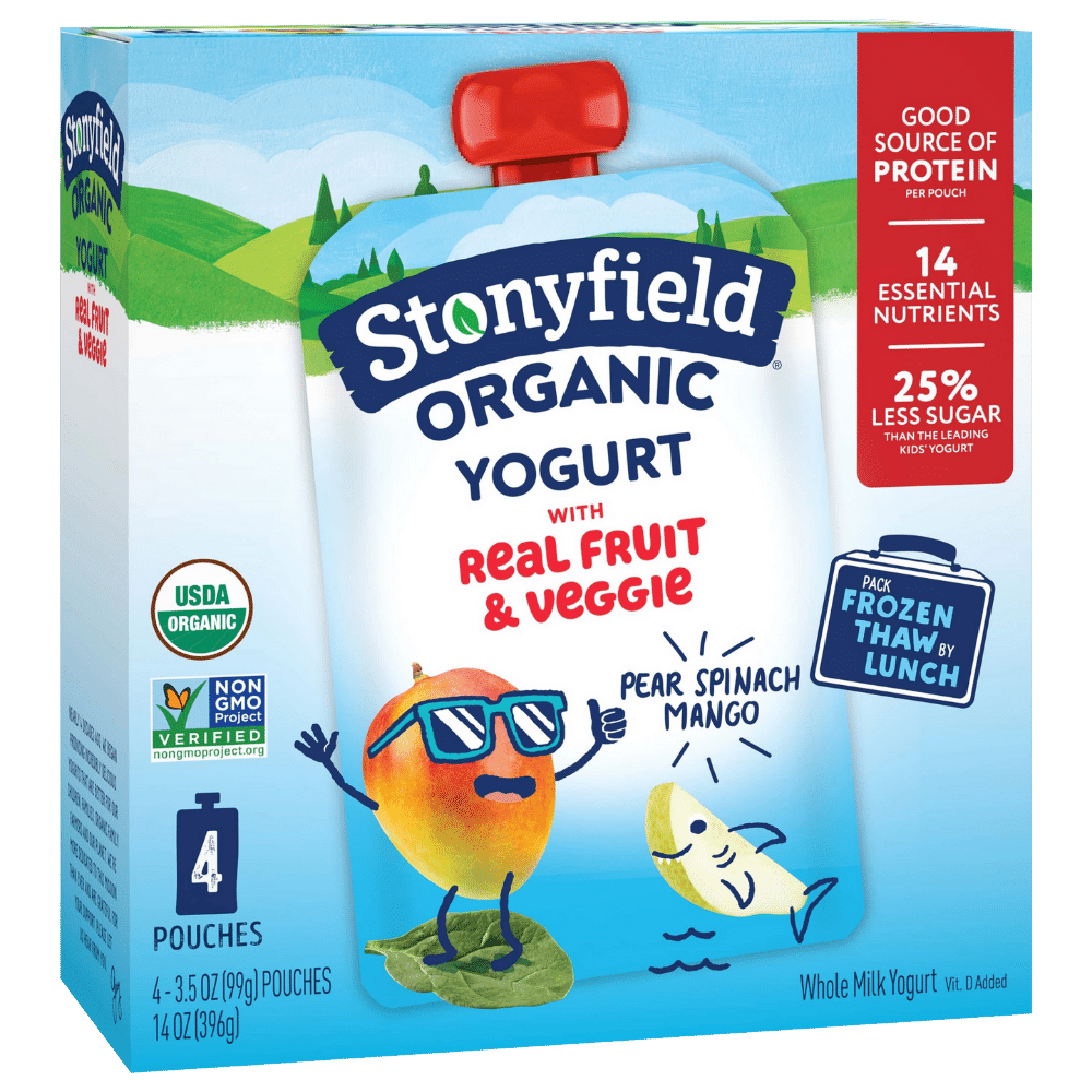 Stonyfield Organic Kids Pear Spinach Mango Whole Milk Yogurt Pouches, 4 Ct