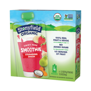 Stonyfield Organic Dairy Free Smoothie Pouches, Strawbanana Smash, 4 Ct