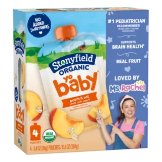 Stonyfield Organic YoBaby Whole Milk Baby Yogurt Pouches, Peach & Oat, 4 Ct