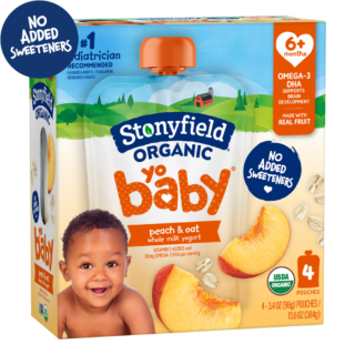 Stonyfield Organic YoBaby Whole Milk Baby Yogurt Pouches, Peach & Oat, 4 Ct