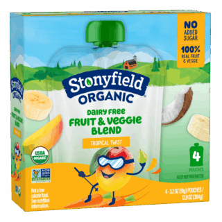 Stonyfield Organic Dairy Free Fruit & Veggie Blend Pouches Tropical Twist, 4 Ct