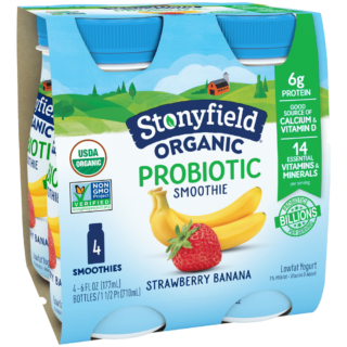 Stonyfield Organic Probiotic Strawberry Banana Lowfat Yogurt Smoothies, 6 fl. oz., 4 Ct
