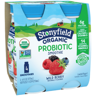 Stonyfield Organic Probiotic Wild Berry Lowfat Yogurt Smoothies, 6 fl. oz., 4 Ct