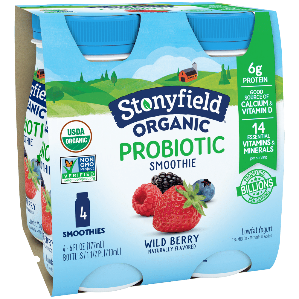 Stonyfield Organic Probiotic Wild Berry Lowfat Yogurt Smoothies, 6 fl. oz., 4 Ct