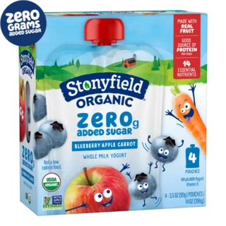 Stonyfield Organic Kids Zero Grams Added Sugar Blueberry Apple Carrot Whole Milk Yogurt Pouch, 4 ct