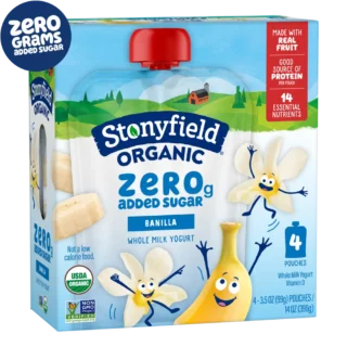 Stonyfield Organic Kids Zero Grams Added Sugar Banilla Whole Milk Yogurt Pouch, 4 ct
