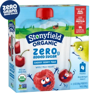 Stonyfield Organic Kids Zero Grams Added Sugar Cherry Berry Pear Whole Milk Yogurt Pouch, 4Ct