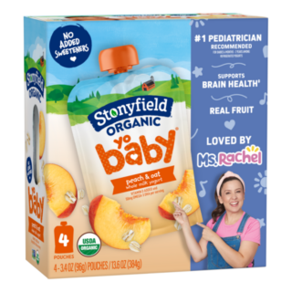Stonyfield Organic YoBaby Whole Milk Baby Yogurt Pouches, Peach & Oat, 4 Ct