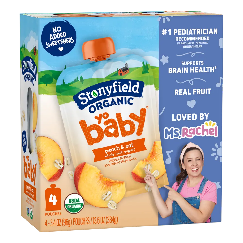 Stonyfield Organic YoBaby Whole Milk Baby Yogurt Pouches, Peach & Oat, 4 Ct