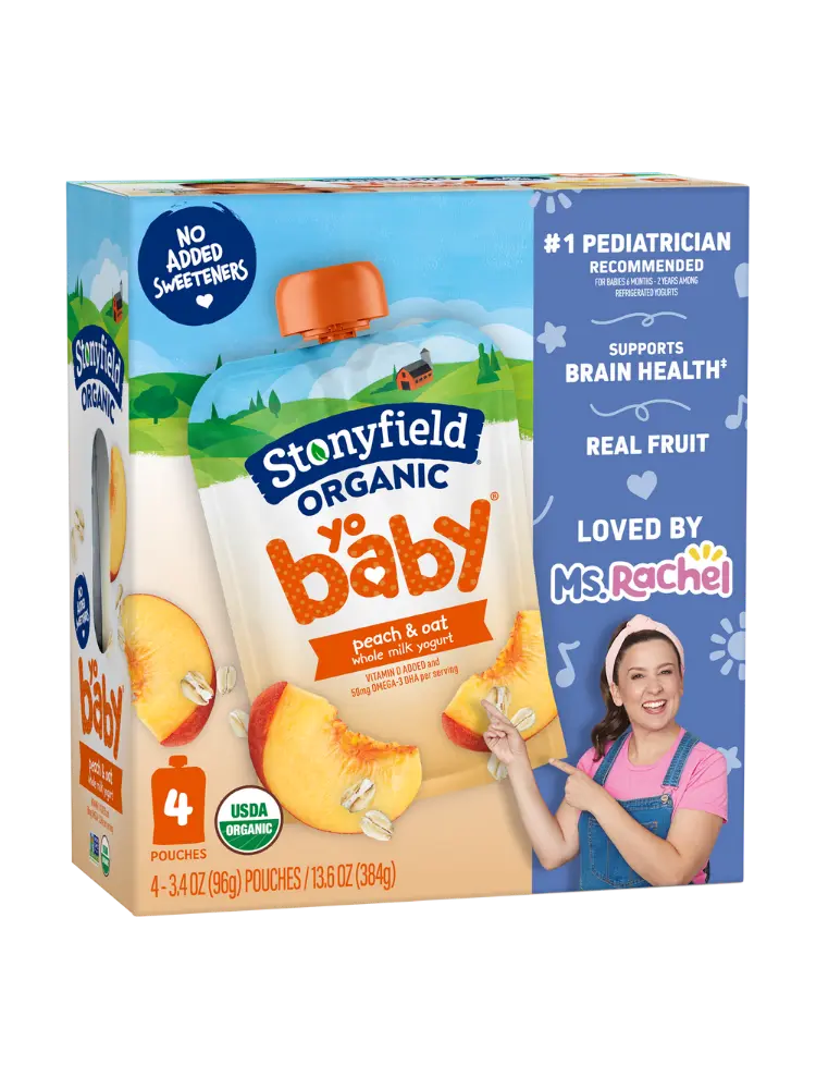 Stonyfield Organic YoBaby Whole Milk Baby Yogurt Pouches, Peach & Oat, 4 Ct