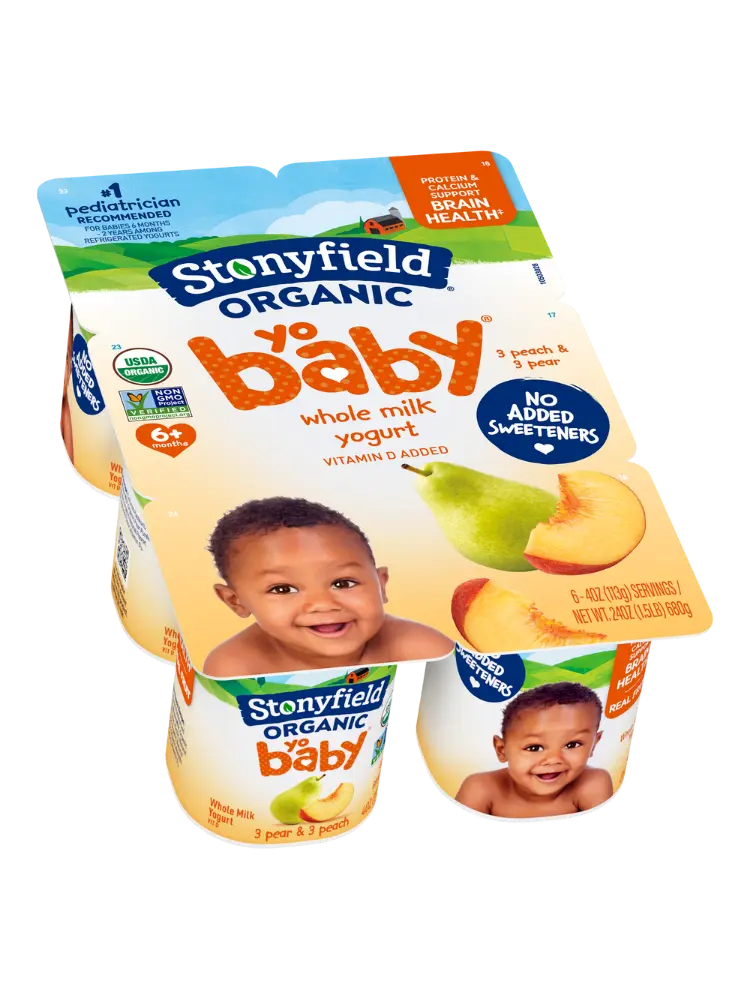 Stonyfield Organic YoBaby No Added Sweetener Whole Milk Baby Yogurt Cups, Pear & Peach, 6 Ct
